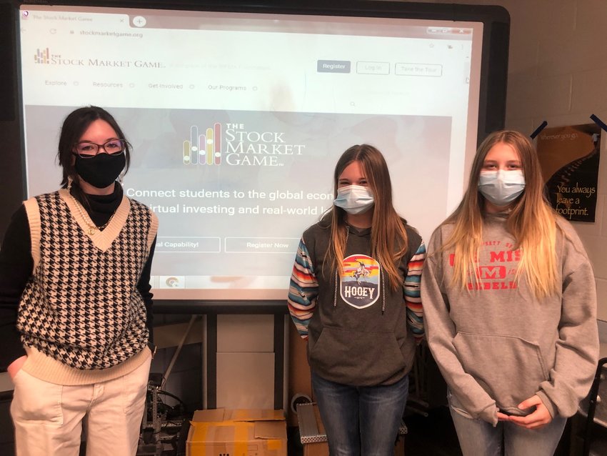 Eighth-grade STEM students, from left, Jacey Shotts, Payton Gipson and Kayee Myers at Neshoba Central Middle School took top regional honors in the Mississippi Stock Market Game, earning about $30,000 in virtual game cash. Not pictured is Hayden Barrett.